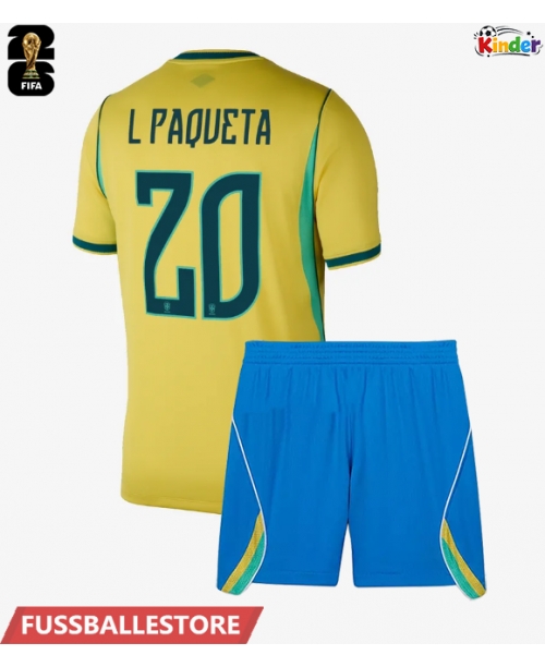 Günstige Brasilien Lucas Paqueta #20 Heimtrikotsatz Kinder WM 2026 Kurzarm (+ Kurze Hosen)